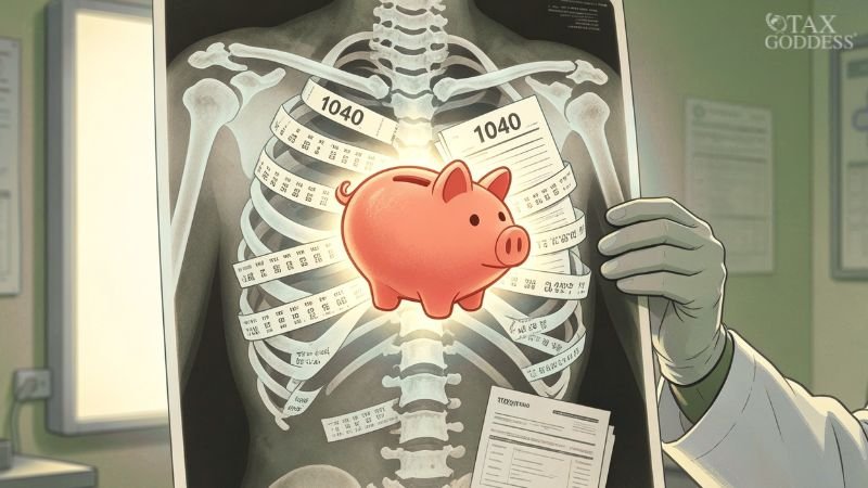 An illustration of a doctor's gloved hands holding up an X-ray of a human torso. Inside the skeletal ribcage sits a glowing pink piggy bank intertwined with paper tax forms that prominently display the number "1040".