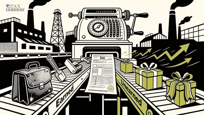 A black, white, and olive green illustration showing two conveyor belts in an industrial factory setting. The left belt is labeled "Earned" and carries a briefcase and tools. The right belt is labeled "Unearned" and carries gift boxes alongside green upward growth arrows. In the center, a large vintage cash register prints a long document prominently labeled "TAX."