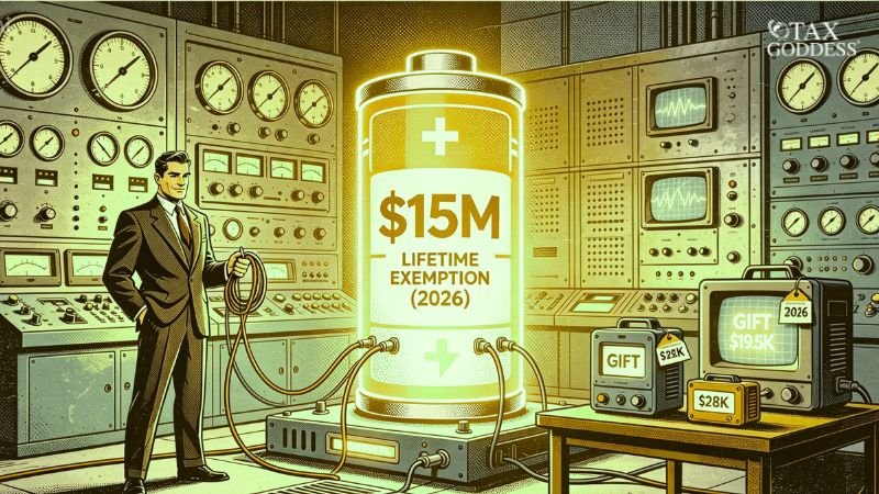 Illustration of a man in a retro-style control room standing next to a large, glowing cylinder labeled "$15M LIFETIME EXEMPTION (2026)". Cables connect the central cylinder to smaller devices labeled "GIFT" with tags showing amounts like "$28K". The Tax Goddess logo appears in the top right corner.