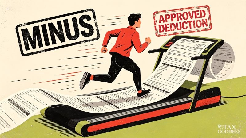 An illustration of a man running on a treadmill, where the moving belt is made of a continuous, scrolling tax document. Above him are two large stamp graphics that read "MINUS" in black and "APPROVED DEDUCTION" in red.