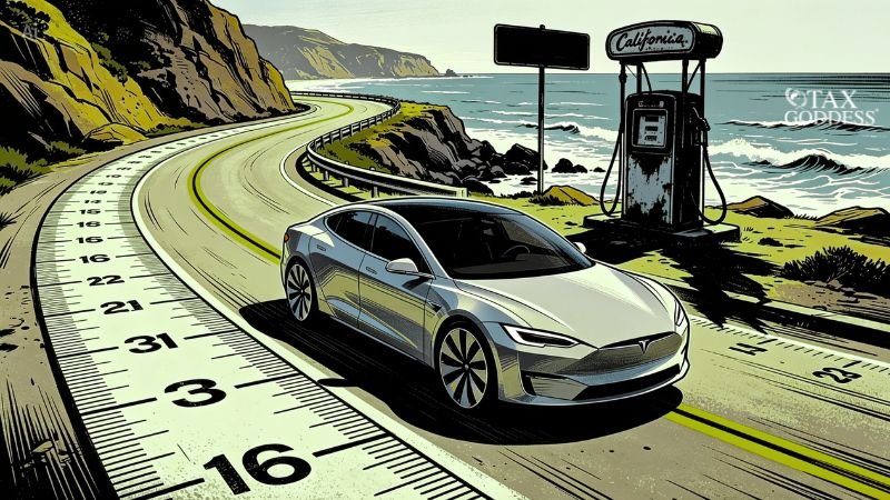 A silver car drives along a coastal California highway where the road surface is illustrated to look like a giant measuring tape. An old, rusty gas pump with a "California" sign stands on the grassy shoulder next to the ocean.