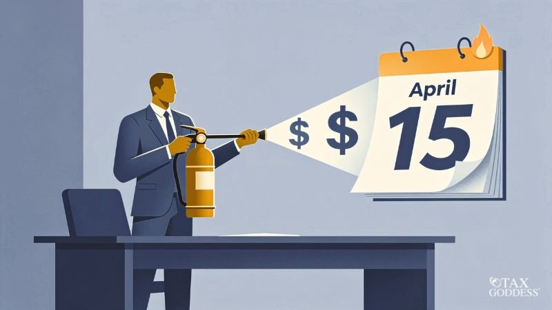 An illustration of a businessman standing behind an office desk and aiming a yellow fire extinguisher at a giant wall calendar showing April 15. The extinguisher sprays out dollar signs to put out a small flame on the calendar page. The Tax Goddess logo is in the bottom right corner.