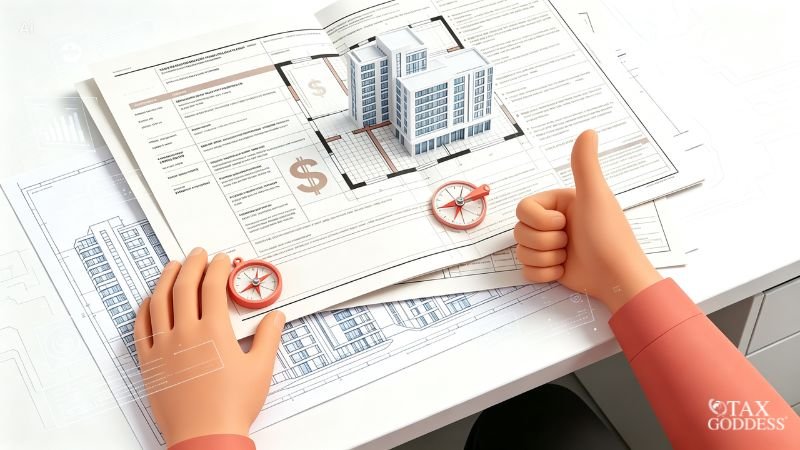 A 3D illustration looking over a clean desk where a white miniature building model sits on top of blueprints and financial documents stamped with large dollar signs. Nearby are two red miniature compasses and a large cartoonish hand giving a thumbs-up.