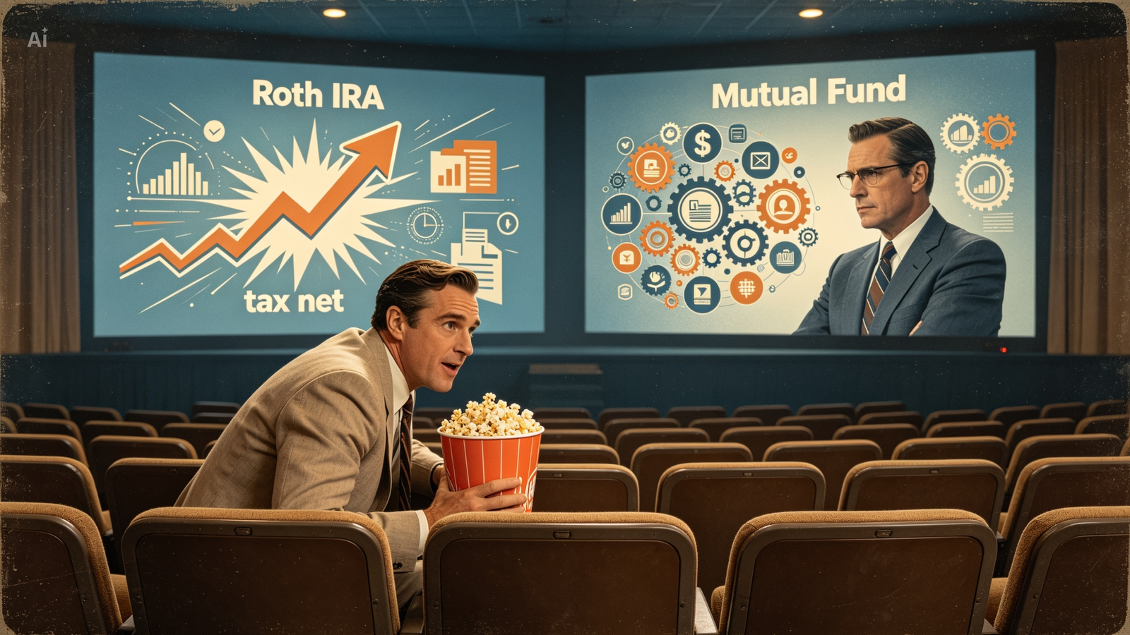 A man eating popcorn in a movie theater watches a split-screen presentation. The left screen reads "Roth IRA" featuring a large upward growth arrow and the words "tax net." The right screen reads "Mutual Fund" displaying interconnected gears, financial icons, and a businessman in a suit.