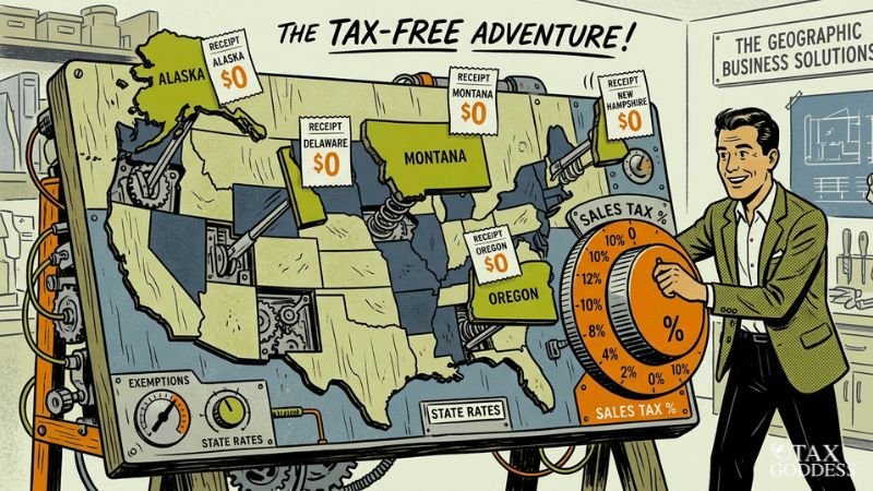 A retro-style illustration of a man turning a large orange dial labeled "SALES TAX %" down to 0%. He stands in front of a giant mechanical map of the United States titled "THE TAX-FREE ADVENTURE!". Five states—Alaska, Delaware, Montana, Oregon, and New Hampshire—pop out on mechanical arms, each displaying a receipt that reads "$0". The Tax Goddess logo is in the bottom right corner.