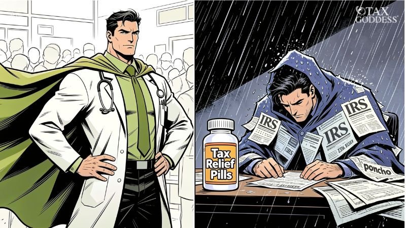 A split-panel comic-style illustration. On the left, a confident man dressed as a doctor with a stethoscope, white lab coat, and a green superhero cape stands proudly before a crowd. On the right, the same man looks stressed and exhausted in the pouring rain, hunched over a desk reviewing paperwork. He is wearing a blue rain poncho covered in papers labeled "IRS" and "poncho," with a large bottle labeled "Tax Relief Pills" sitting on the desk next to him.