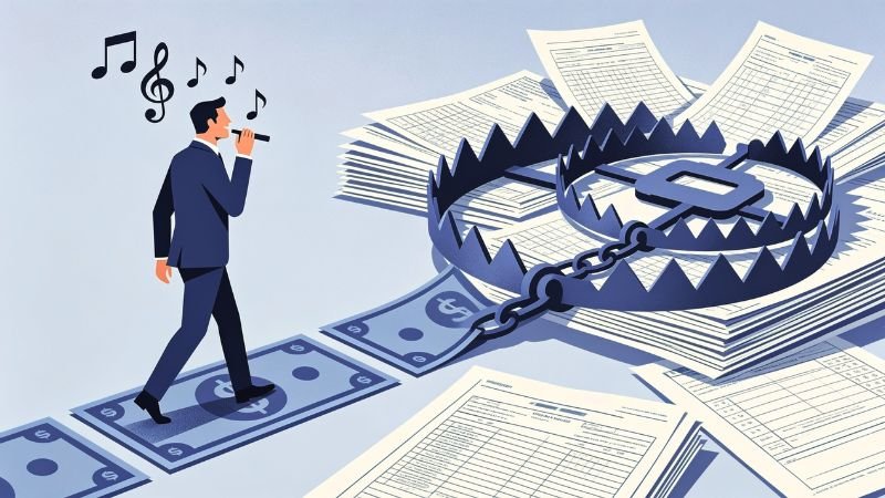 An illustration of a businessman happily singing and walking along a path made of large dollar bills, oblivious that the path leads directly into a giant, open metal bear trap resting on a massive pile of financial documents and forms.