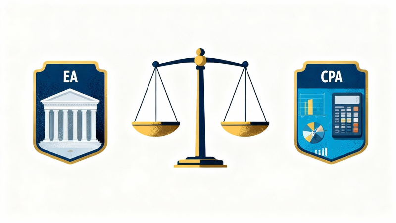 An illustration comparing two professional certifications with a Scale of Justice in the center. On the left is a blue shield with the letters EA (Enrolled Agent) and an icon of a classical building (like a courthouse or treasury). On the right is a blue shield with the letters CPA (Certified Public Accountant) and an icon of a calculator next to charts and graphs.
