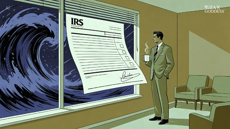 An illustration of a calm businessman in a suit holding a steaming coffee mug, looking out an office window at a dark, swirling wave. A large, signed IRS tax form is placed over the window pane, acting as a shield against the storm. The Tax Goddess logo is in the top right corner.