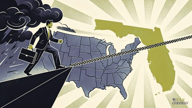 An illustration of a businessman carrying a briefcase walking away from a dark storm cloud hovering over a map of the United States. He is crossing a tightrope toward a bright green, oversized map of Florida illuminated by sunburst rays. The Tax Goddess logo is in the bottom right corner.
