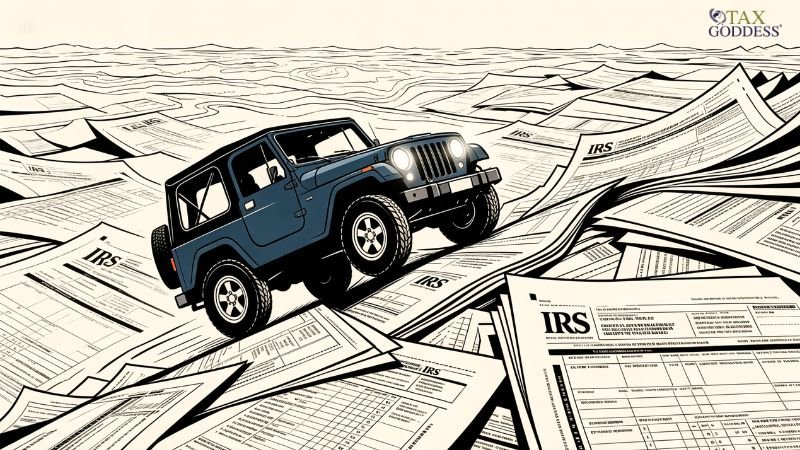 An illustration of a blue Jeep Wrangler driving off-road over a rugged terrain made entirely of stacked and scattered IRS tax forms. The Tax Goddess logo is located in the top right corner.