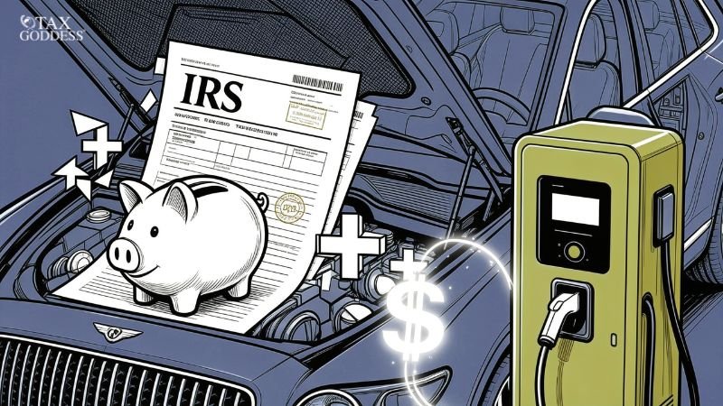 An illustration of a car with its hood open, revealing a piggy bank resting on top of an IRS tax document inside the engine bay. A green electric vehicle charging station stands to the right, connected to the car by a glowing line featuring dollar signs and plus symbols. The Tax Goddess logo is in the top left corner.