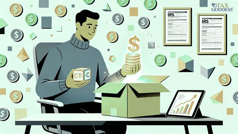 An illustration of a smiling man sitting at a desk, holding a block labeled "CT-C" in one hand and a glowing stack of dollar coins in the other, both pulled from an open box. Framed IRS documents hang on the wall, a tablet displays an upward-trending financial graph, and floating coins fill the background. The Tax Goddess logo is in the top right corner.