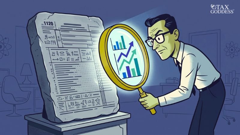 An illustration of a businessman using a glowing magnifying glass to inspect a stone tablet carved to look like IRS Form 1120 covered in hieroglyphics. The magnifying glass translates the ancient symbols into clear, upward-trending financial bar and line charts. The Tax Goddess logo appears in the top right corner.
