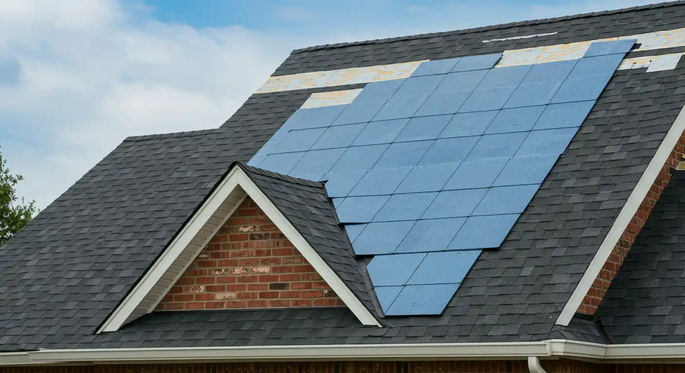 A residential roof with black asphalt shingles, showing a section where the old shingles have been removed and a blue, synthetic underlayment is being installed during a replacement. This work is a capital improvement for the home.