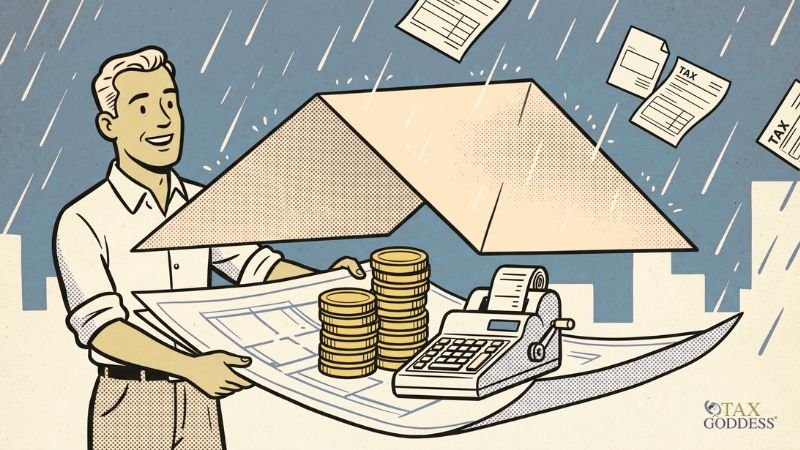 An illustration of a smiling man holding out a large blueprint. Resting on the blueprint are stacks of gold coins and an adding machine. A detached roof shape hovers over the items, shielding them from rain and falling papers that have the word "TAX" written on them. The Tax Goddess logo is in the bottom right corner.
