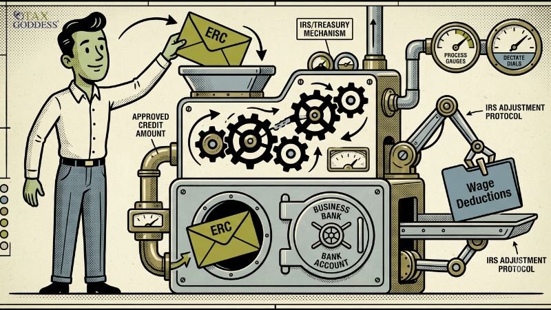 An illustration of a man dropping an envelope labeled "ERC" into a complex machine titled "IRS/TREASURY MECHANISM." The machine features gears, pipes, and dials, outputting an "ERC" envelope through an "APPROVED CREDIT AMOUNT" pipe next to a "BUSINESS BANK ACCOUNT" vault. A mechanical arm labeled "IRS ADJUSTMENT PROTOCOL" holds a blue folder marked "Wage Deductions." The Tax Goddess logo is in the top left corner.