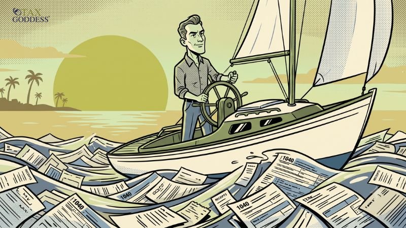 An illustration of a man confidently steering a sailboat through an ocean made of 1040 tax forms and receipts, heading toward a tropical island sunset, featuring the Tax Goddess logo in the top left corner.