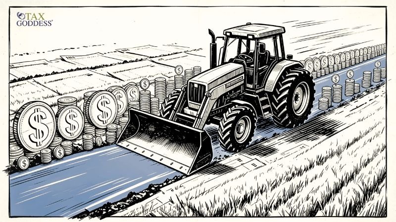 A black and white illustration with a blue road, showing a tractor with a front-end loader driving past massive stacks of dollar coins lining the fields. Large tax documents are visible in the background fields, and the Tax Goddess logo is in the top left corner.