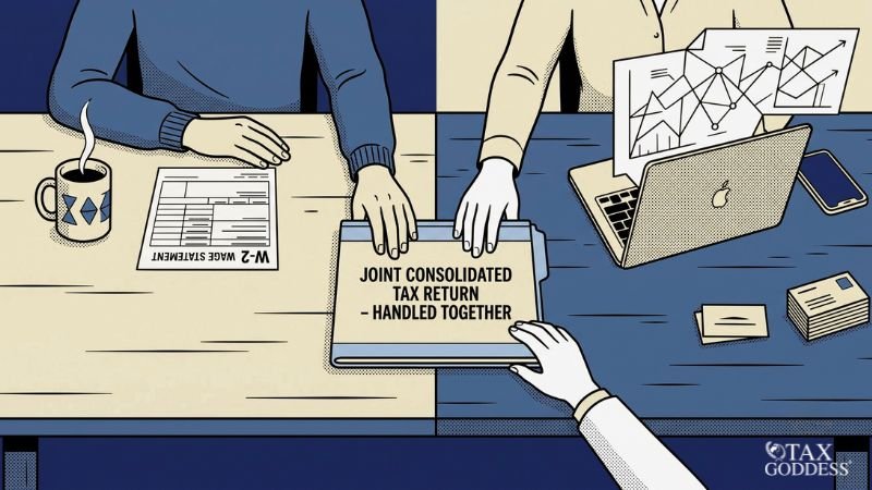 An illustration of two people at a desk split down the middle. The person on the left has a W-2 wage statement and a coffee mug. The person on the right has a laptop displaying charts and graphs. In the center, their hands join with a third hand over a folder labeled "Joint Consolidated Tax Return - Handled Together." The Tax Goddess logo is in the bottom right corner.