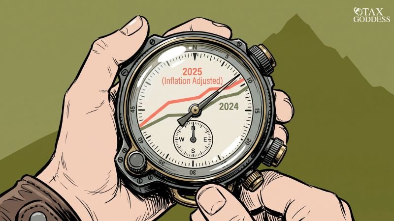 An illustration of hands holding a complex navigational gauge or compass. The face of the gauge displays a line graph where a red line labeled "2025 (Inflation Adjusted)" trends higher than a lower green line labeled "2024." The Tax Goddess logo appears in the top right corner against a background of green mountains.