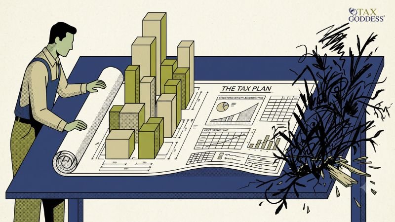 An illustration of a man standing at a blue table, unrolling a large blueprint titled "THE TAX PLAN." The blueprint includes charts and tables labeled "STRUCTURAL WEALTH ACCUMULATION" and "ASSET GROWTH MAP." On the left side of the blueprint, 3D bar chart blocks rise upward like a city skyline, while on the far right, chaotic black scribbles aggressively break through the table. The Tax Goddess logo appears in the top right corner.