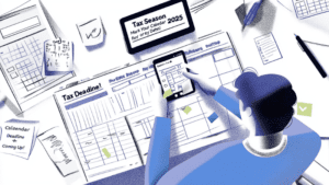 Person using a smartphone to review a tax form at a desk with papers, a tablet displaying "Tax Season 2025," and checklists for tax deadlines.