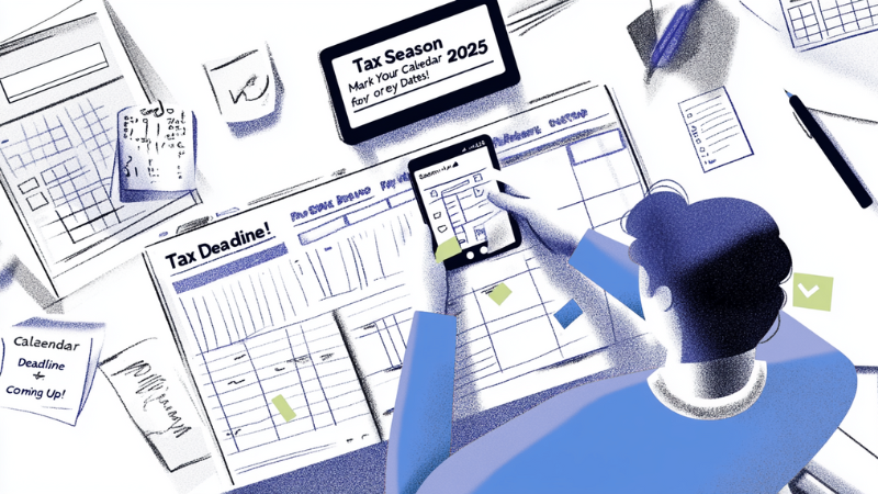 Person using a smartphone to review a tax form at a desk with papers, a tablet displaying "Tax Season 2025," and checklists for tax deadlines.
