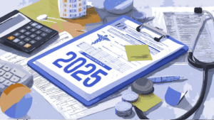 A clipboard labeled "2025 Insurance" sits on a cluttered desk with documents, a stethoscope, calculator, coins, and sticky notes scattered around.