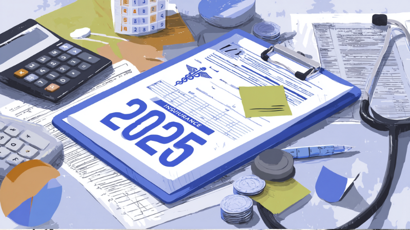 A clipboard labeled "2025 Insurance" sits on a cluttered desk with documents, a stethoscope, calculator, coins, and sticky notes scattered around.
