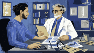 Private practice doctor reviewing a report with a patient in the office