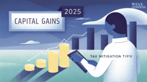 Capital Gains Tax Mitigation for 2025: Investor reviewing financial charts and growing investments.