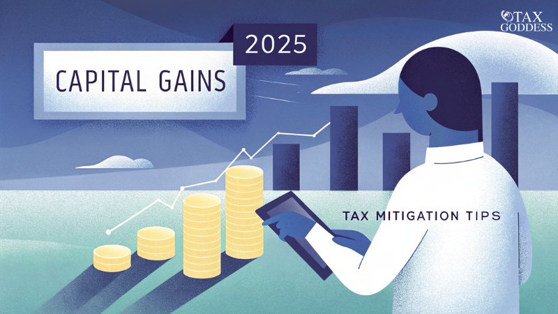 Capital Gains Tax Mitigation for 2025: Investor reviewing financial charts and growing investments.