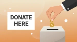 donation box with a man donating a coin, a paper that says donate here