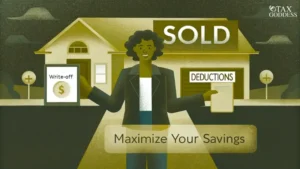Real estate agent standing in front of a house with a "SOLD" sign, holding signs for "Write-off" (with a dollar sign) and "Deductions," symbolizing maximizing tax savings.
