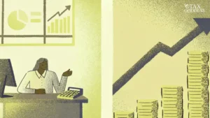 cartoon illustration of financial tax advisor at a desk with a calculator, with a large, upward-trending graph and stacks of coins in the background, representing financial growth and a positive return on investment (ROI).