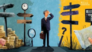 An illustration of a confused business owner standing at a crossroads, surrounded by symbols of financial decisions like a clock, a magnifying glass, and a calculator, with a checklist and a signpost showing multiple paths, representing the complex decisions involved in hiring a financial tax advisor.