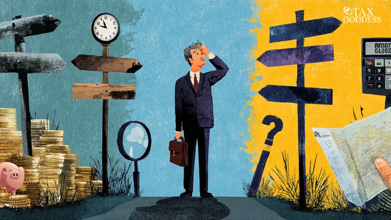 An illustration of a confused business owner standing at a crossroads, surrounded by symbols of financial decisions like a clock, a magnifying glass, and a calculator, with a checklist and a signpost showing multiple paths, representing the complex decisions involved in hiring a financial tax advisor.