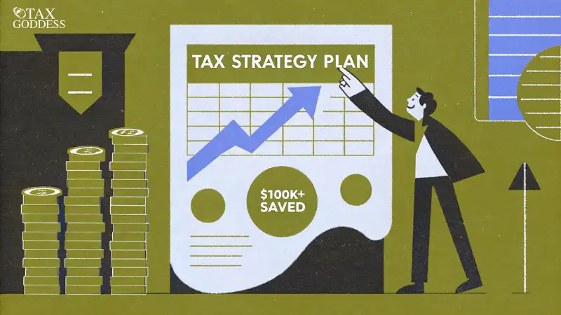 illustration of tax strategist pointing to a chart showing $100k in tax savings