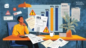 Illustration of a stressed person sitting at a desk covered in IRS and tax documents, with warning signs floating overhead.