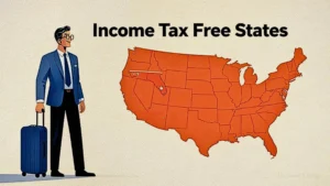 man in a suit with a suitcase standing next to an orange map of the United States, highlighting the words "Income Tax Free States."