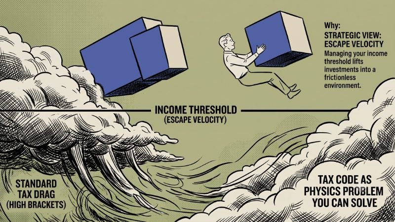 An illustration depicting the tax code as a physics problem. Below a dividing line labeled "Income Threshold (Escape Velocity)," stormy clouds represent "Standard Tax Drag (High Brackets)." Above the line, a man freely floats in a clear sky while holding a blue box, illustrating investments lifting into a "frictionless environment."