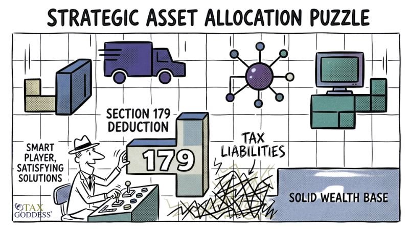 A cartoon illustration titled "Strategic Asset Allocation Puzzle" resembling a Tetris game. A man labeled "Smart Player, Satisfying Solutions" sits at a control panel, maneuvering a large puzzle block labeled "179" and "Section 179 Deduction." The falling block is positioned to clear a tangled scribble labeled "Tax Liabilities" to build upon a flat foundation labeled "Solid Wealth Base." Floating above are other puzzle blocks featuring a delivery truck, a computer desktop, and a network hub. The Tax Goddess logo is visible in the bottom left corner.