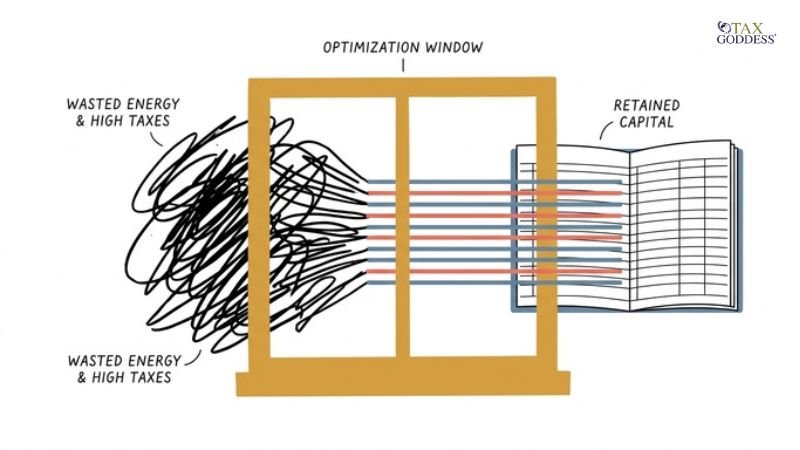 An illustration showing a tangled black scribble labeled "Wasted Energy & High Taxes" passing through a wooden frame labeled "Optimization Window." As it passes through, the scribble straightens into organized blue and red lines that flow onto an open accounting ledger labeled "Retained Capital." The Tax Goddess logo is in the top right corner.