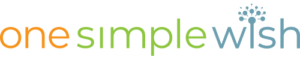 The "one simple wish" logo featuring the word "one" in orange, "simple" in lime green, and "wish" in light blue, with a stylized dandelion or spark icon above the letter 'i' in wish.