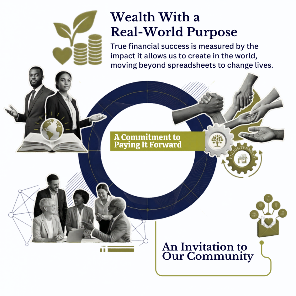A collage-style graphic featuring diverse groups of professionals, a gold globe on an open book, and illustrations of sprouting plants and coins, all centered around a dark blue circular motif with the text "A Commitment to Paying It Forward."