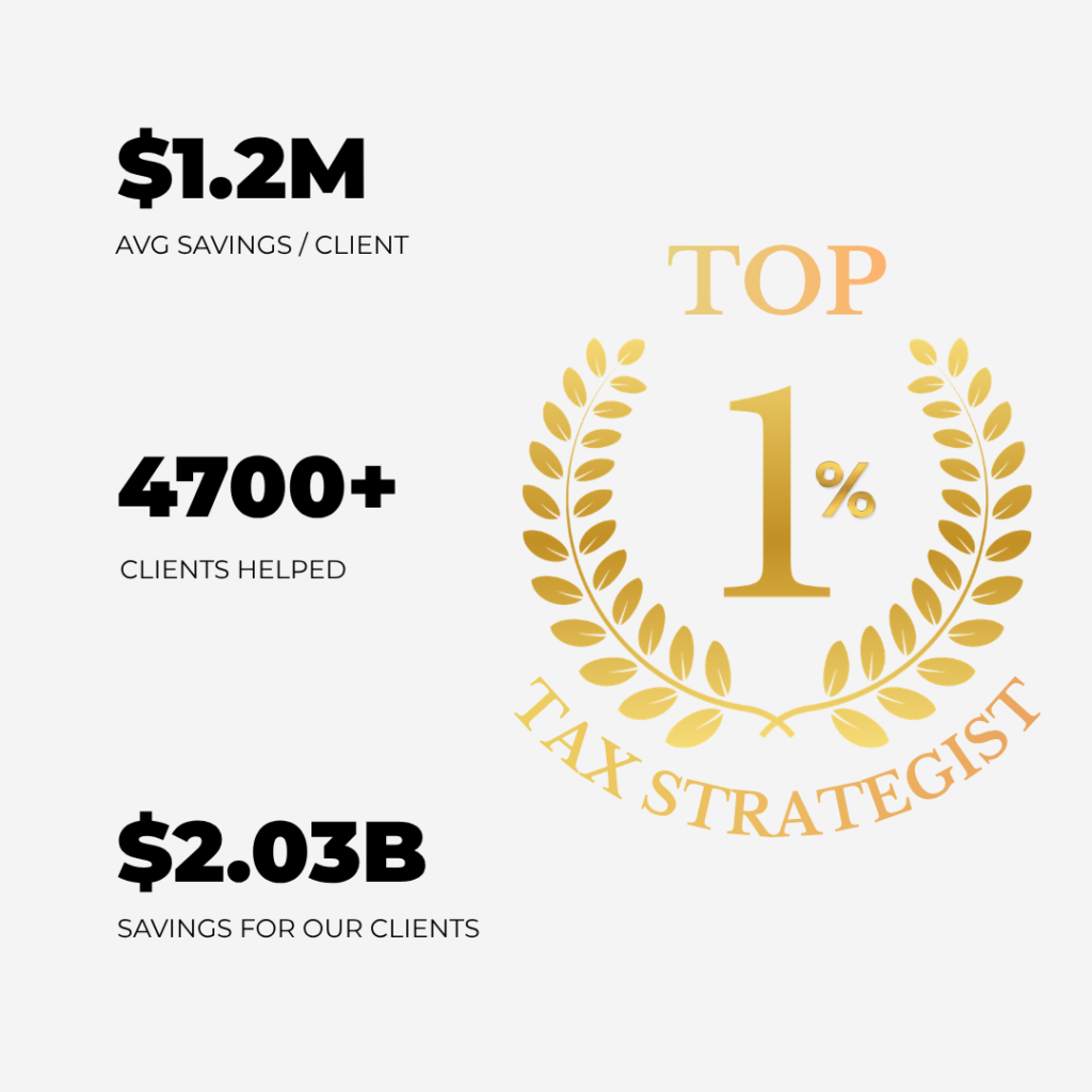 An infographic showing financial success metrics: $1.2M average savings per client, over 4700 clients helped, and $2.03B in total client savings. A gold laurel wreath emblem features the text "Top 1% Tax Strategist.
