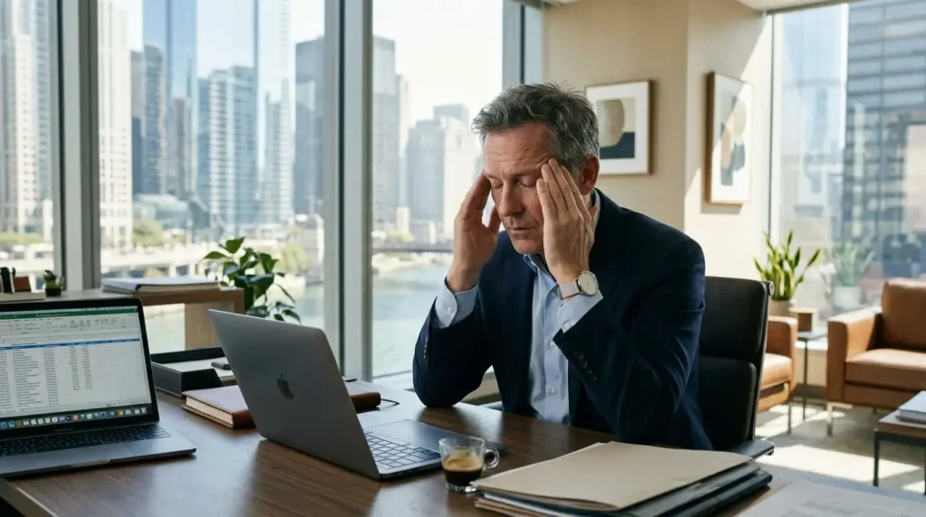 A stressed businessman in a dark suit sits at a modern wooden desk, holding his temples with his eyes closed in a gesture of exhaustion or a headache. A laptop and open spreadsheet are on the desk, with a bright city skyline visible through large office windows in the background.