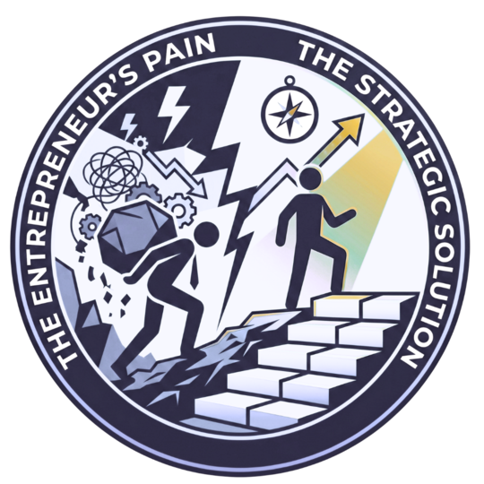 A circular graphic divided into two halves. The left side, titled "The Entrepreneur's Pain," shows a silhouette carrying a heavy rock up a jagged slope amidst lightning and chaos. The right side, titled "The Strategic Solution," shows a person climbing a clean white staircase toward a bright light and a compass.