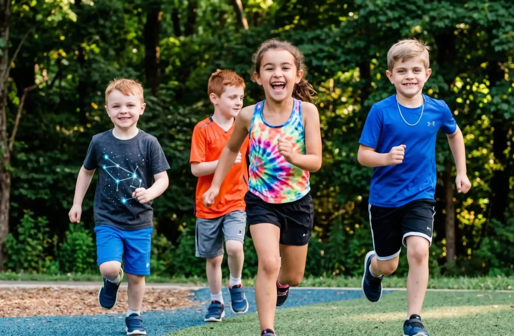 Four young children smiling and running together on an outdoor path in a green park.